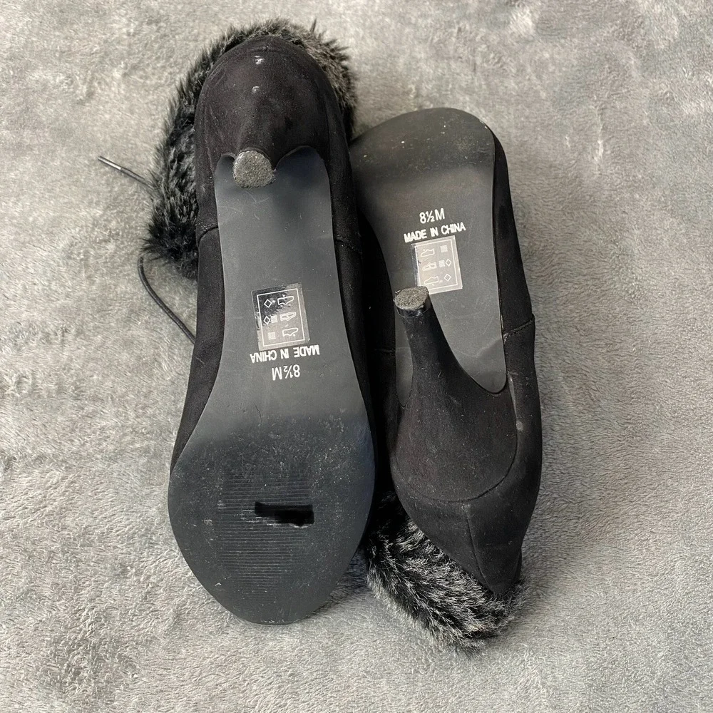 Ashro Boots Womens Size 8.5 Ankle Stiletto Black Suede‎ Fur Trimmed High Heel